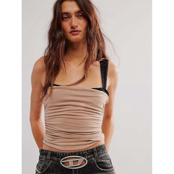 Free People 2 Tone Tank Blouse Top Sleeveless Picot Contrast Beach L NEW 281810 - Picture 1 of 8